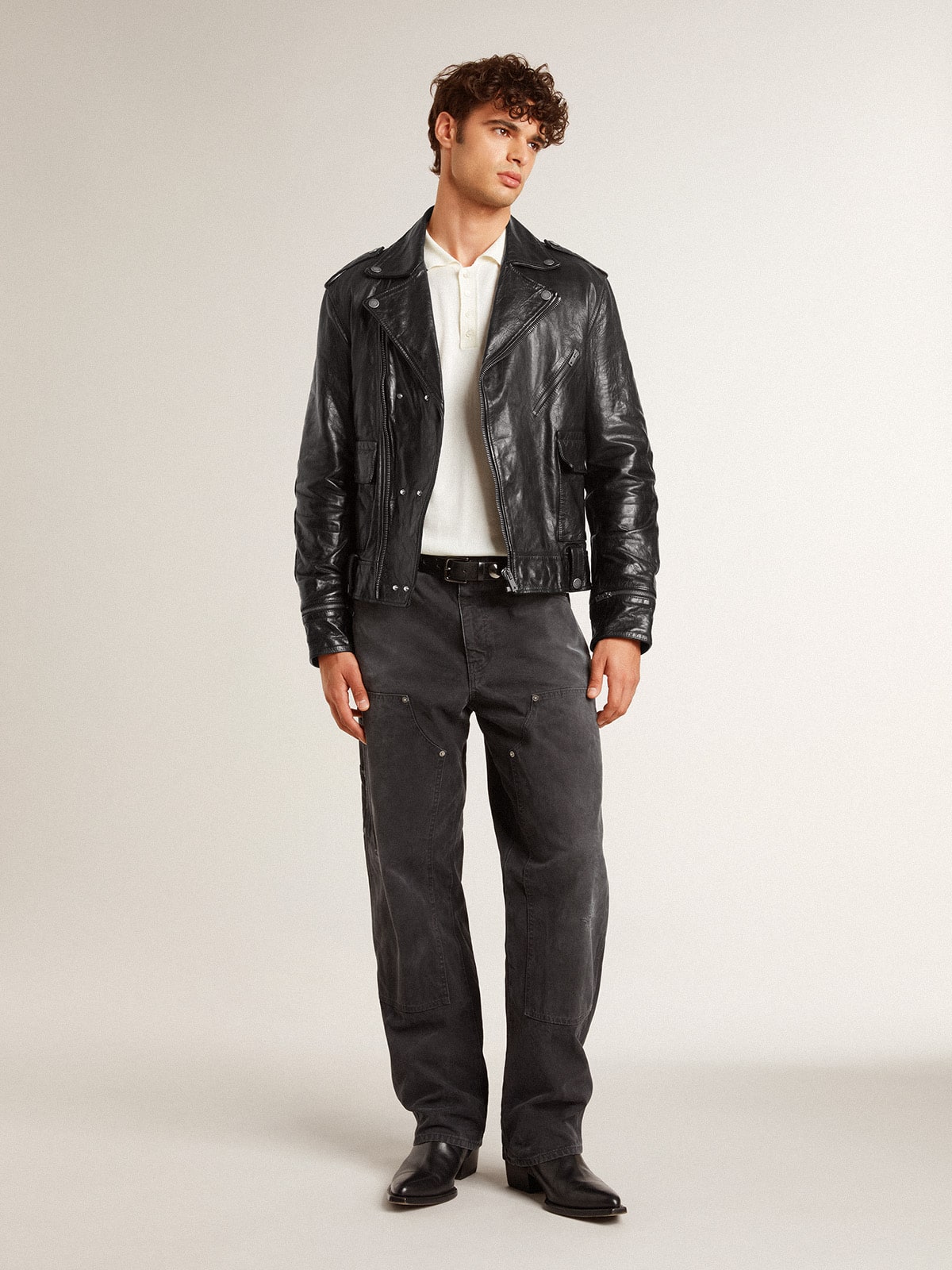 Men’s black leather biker jacket with glossy effect - Golden Goose Men