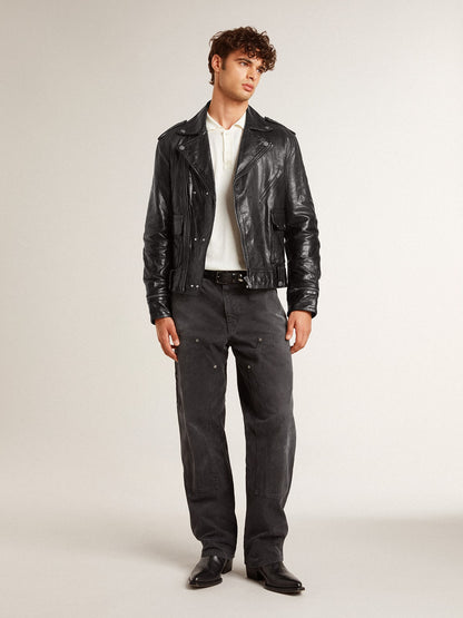 Men’s black leather biker jacket with glossy effect - Golden Goose Men