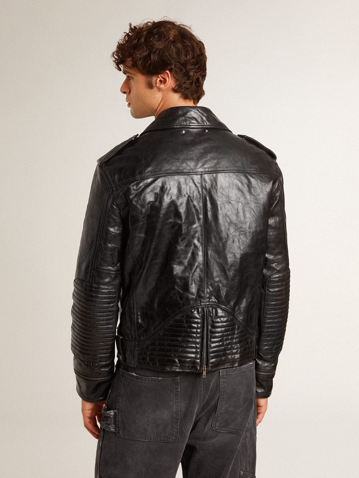Men’s black leather biker jacket with glossy effect - Golden Goose Men