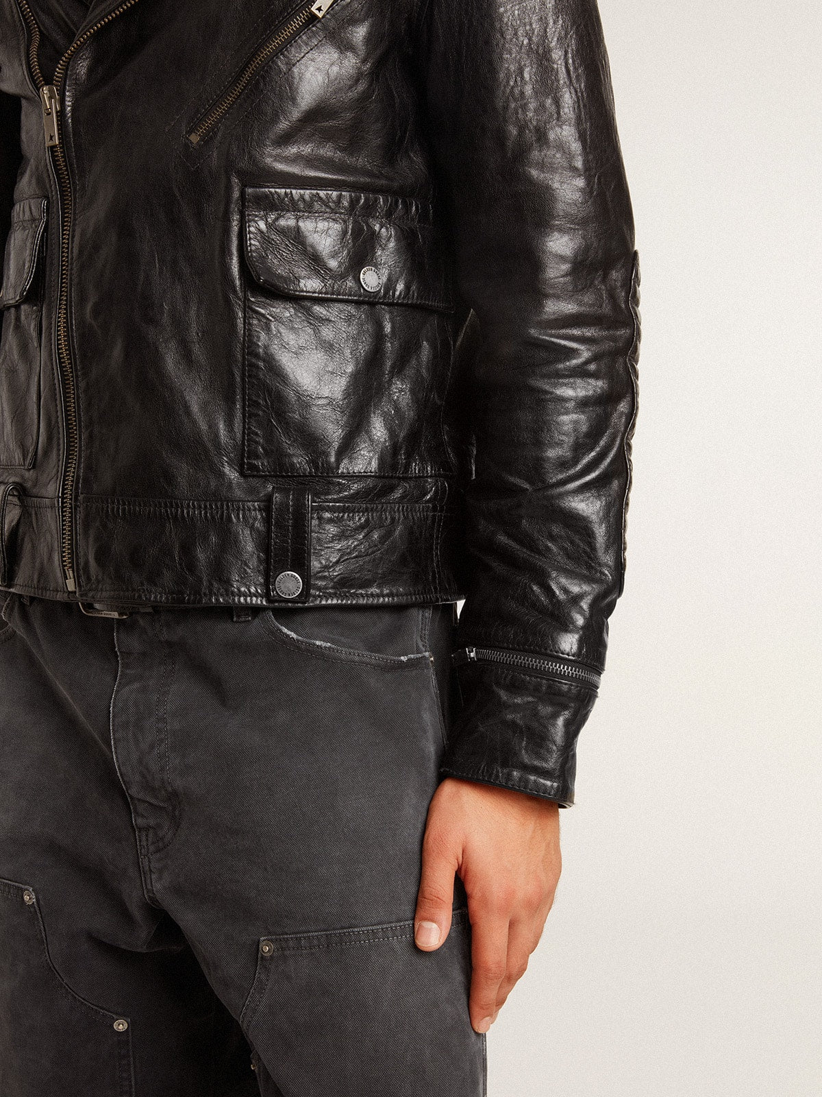 Men’s black leather biker jacket with glossy effect - Golden Goose Men