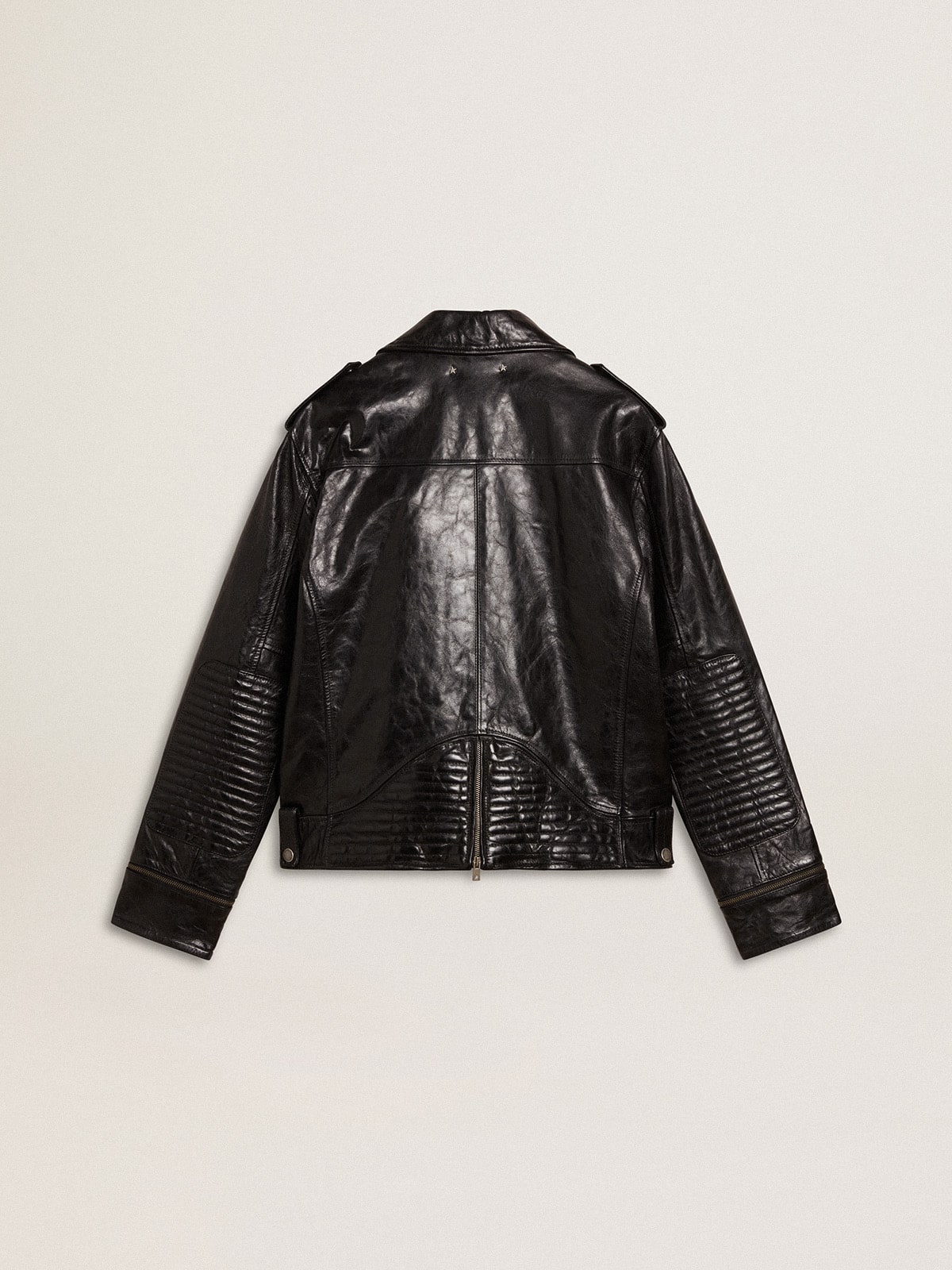 Men’s black leather biker jacket with glossy effect - Golden Goose Men