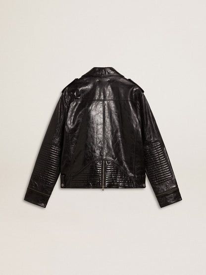 Men’s black leather biker jacket with glossy effect - Golden Goose Men