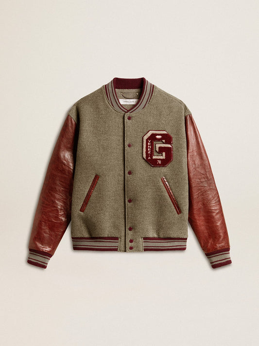 Bomber jacket in gray melange wool with leather sleeves - Golden Goose Men