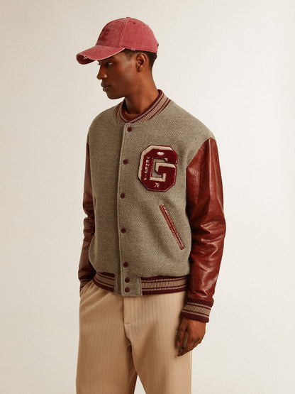 Bomber jacket in gray melange wool with leather sleeves - Golden Goose Men