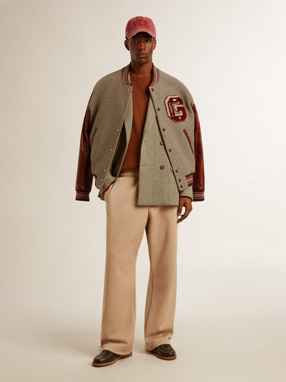 Bomber jacket in gray melange wool with leather sleeves - Golden Goose Men