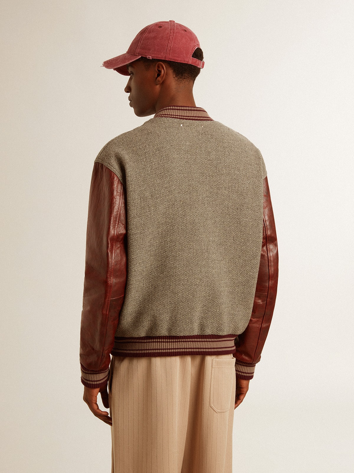 Bomber jacket in gray melange wool with leather sleeves - Golden Goose Men