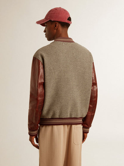 Bomber jacket in gray melange wool with leather sleeves - Golden Goose Men