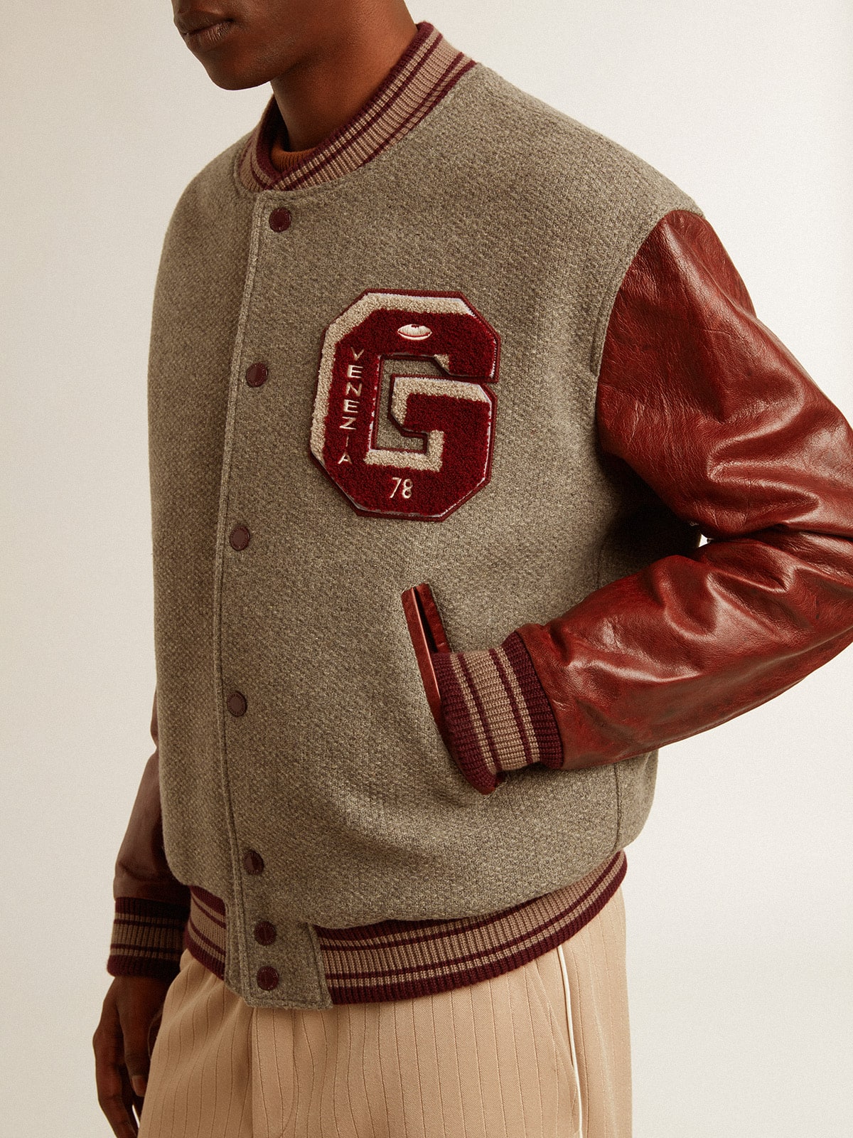 Bomber jacket in gray melange wool with leather sleeves - Golden Goose Men