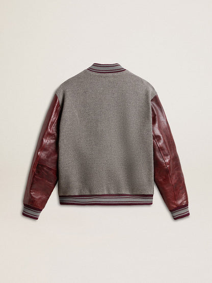 Bomber jacket in gray melange wool with leather sleeves - Golden Goose Men