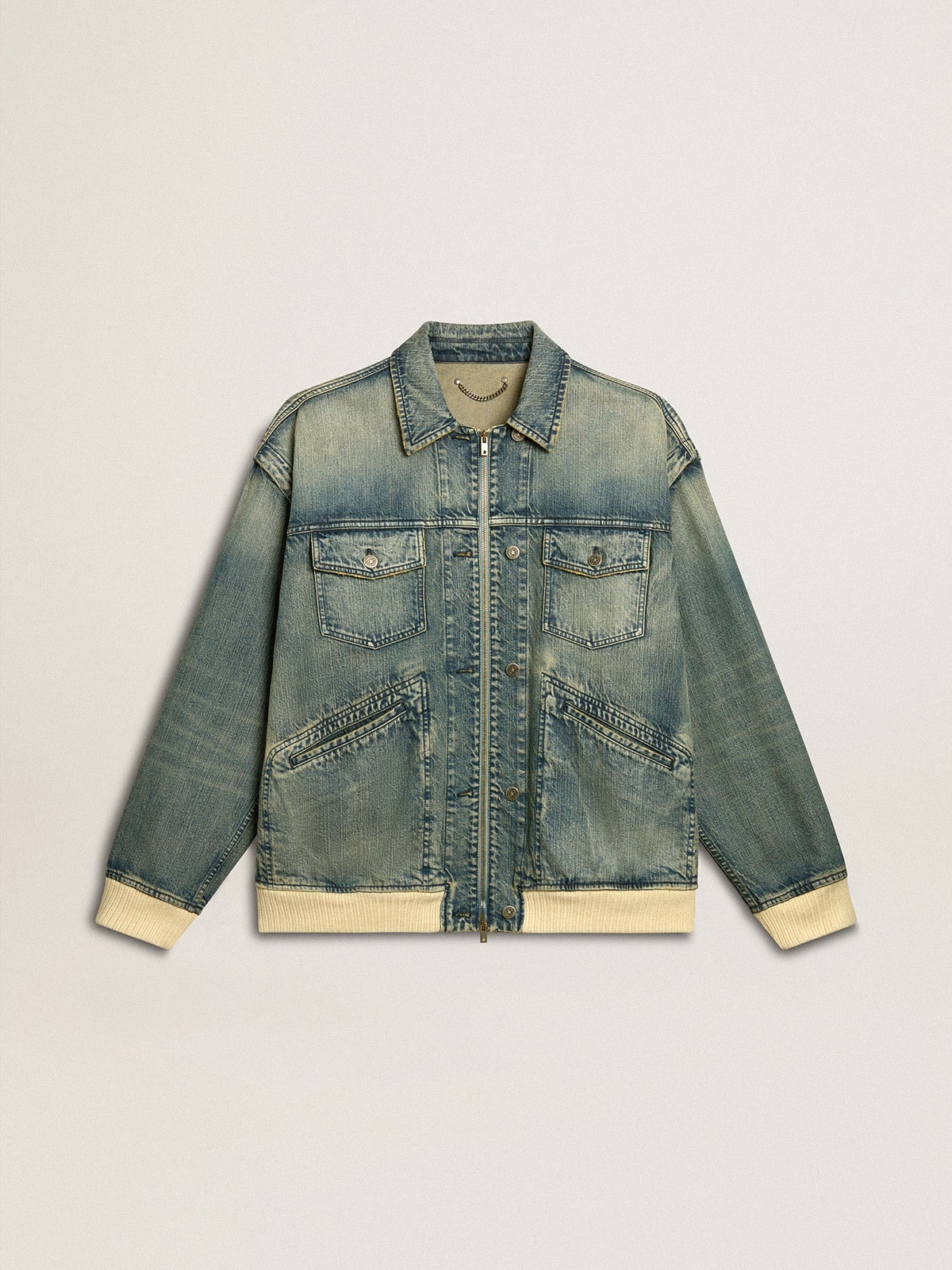 Men's washed denim jacket with wool blend ribbing - Golden Goose Men