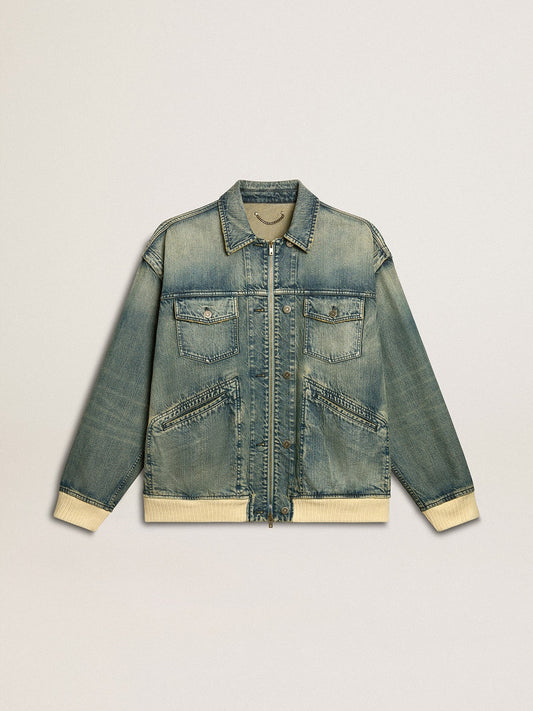 Men's washed denim jacket with wool blend ribbing - Golden Goose Men