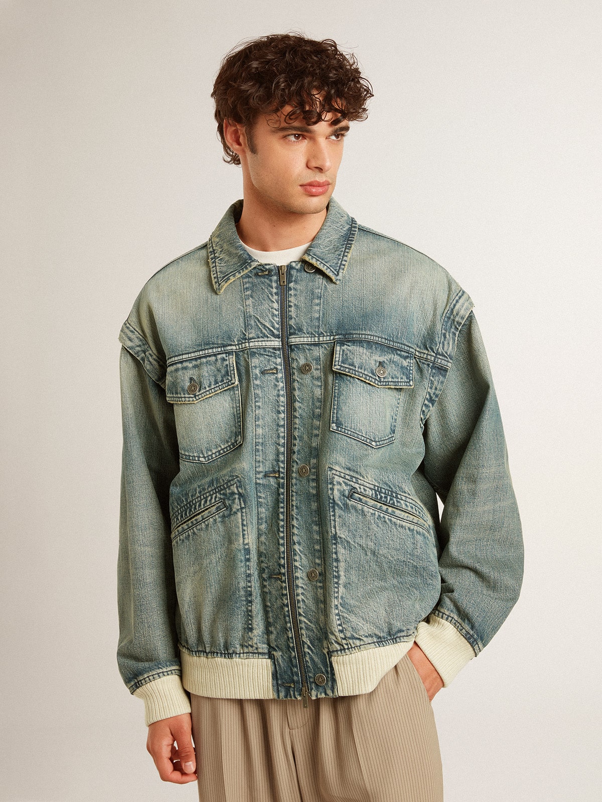 Men's washed denim jacket with wool blend ribbing - Golden Goose Men