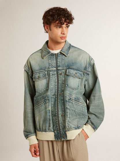 Men's washed denim jacket with wool blend ribbing - Golden Goose Men