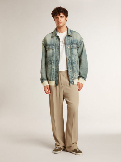 Men's washed denim jacket with wool blend ribbing - Golden Goose Men
