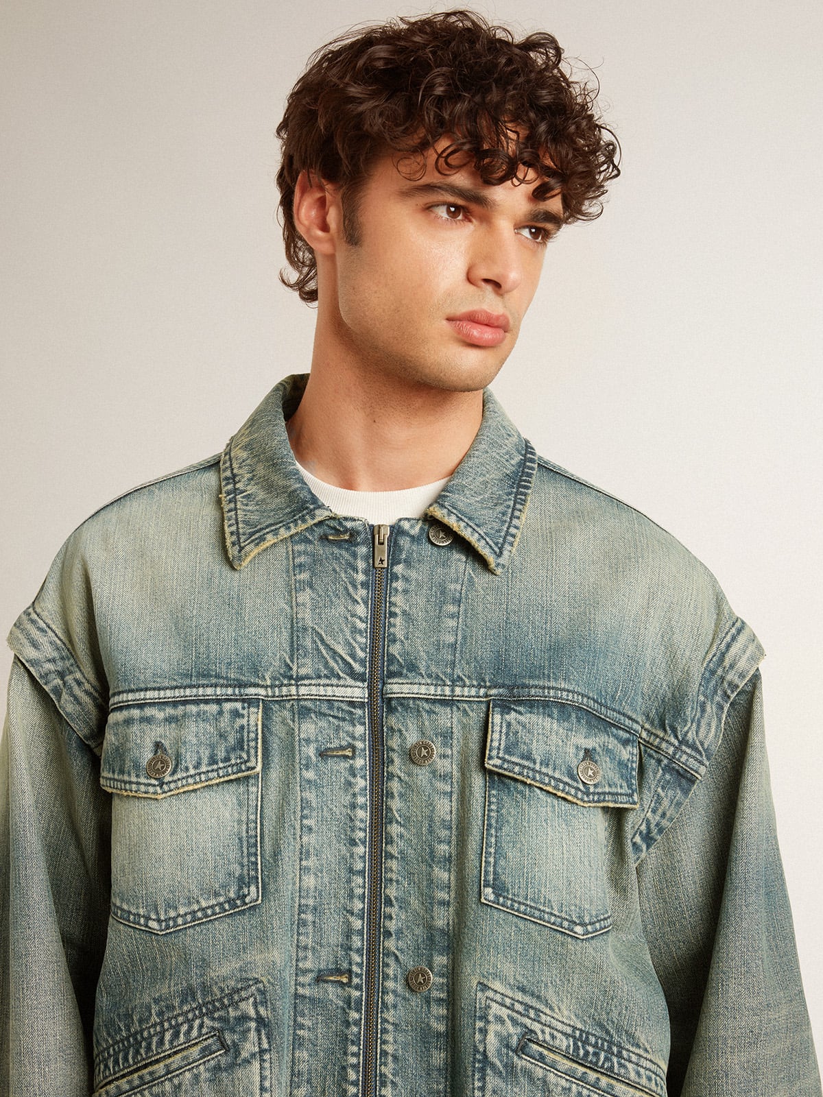 Men's washed denim jacket with wool blend ribbing - Golden Goose Men