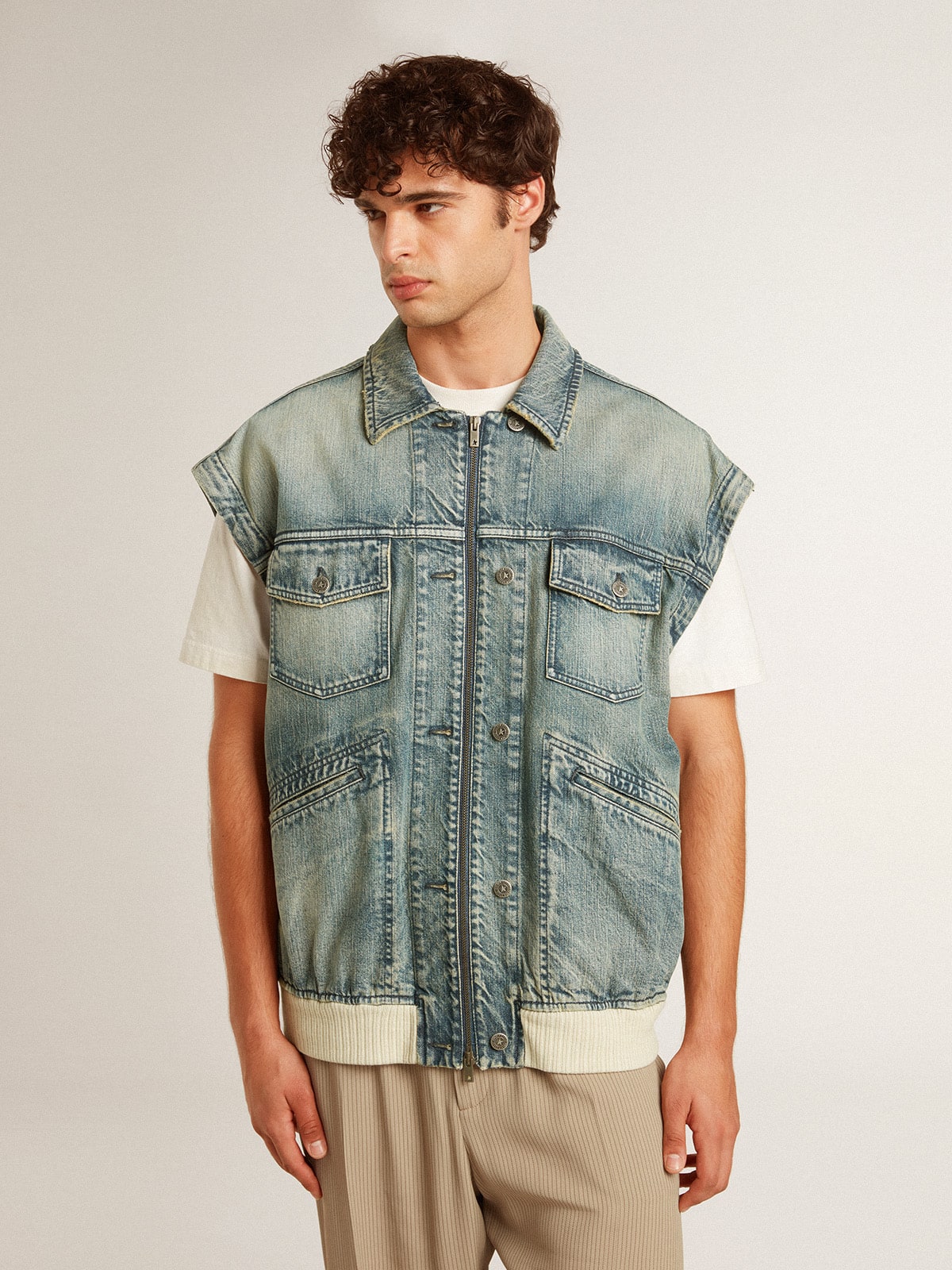 Men's washed denim jacket with wool blend ribbing - Golden Goose Men