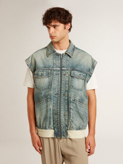 Men's washed denim jacket with wool blend ribbing - Golden Goose Men