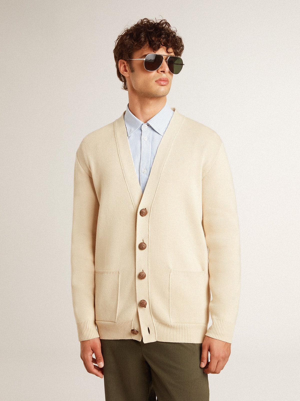 Men’s beige cardigan with 'Golden' lettering on the back - Golden Goose Men