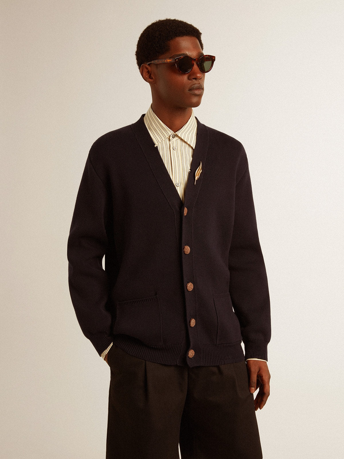 Golden Collection cardigan in dark blue cotton with a distressed finish - Golden Goose Men
