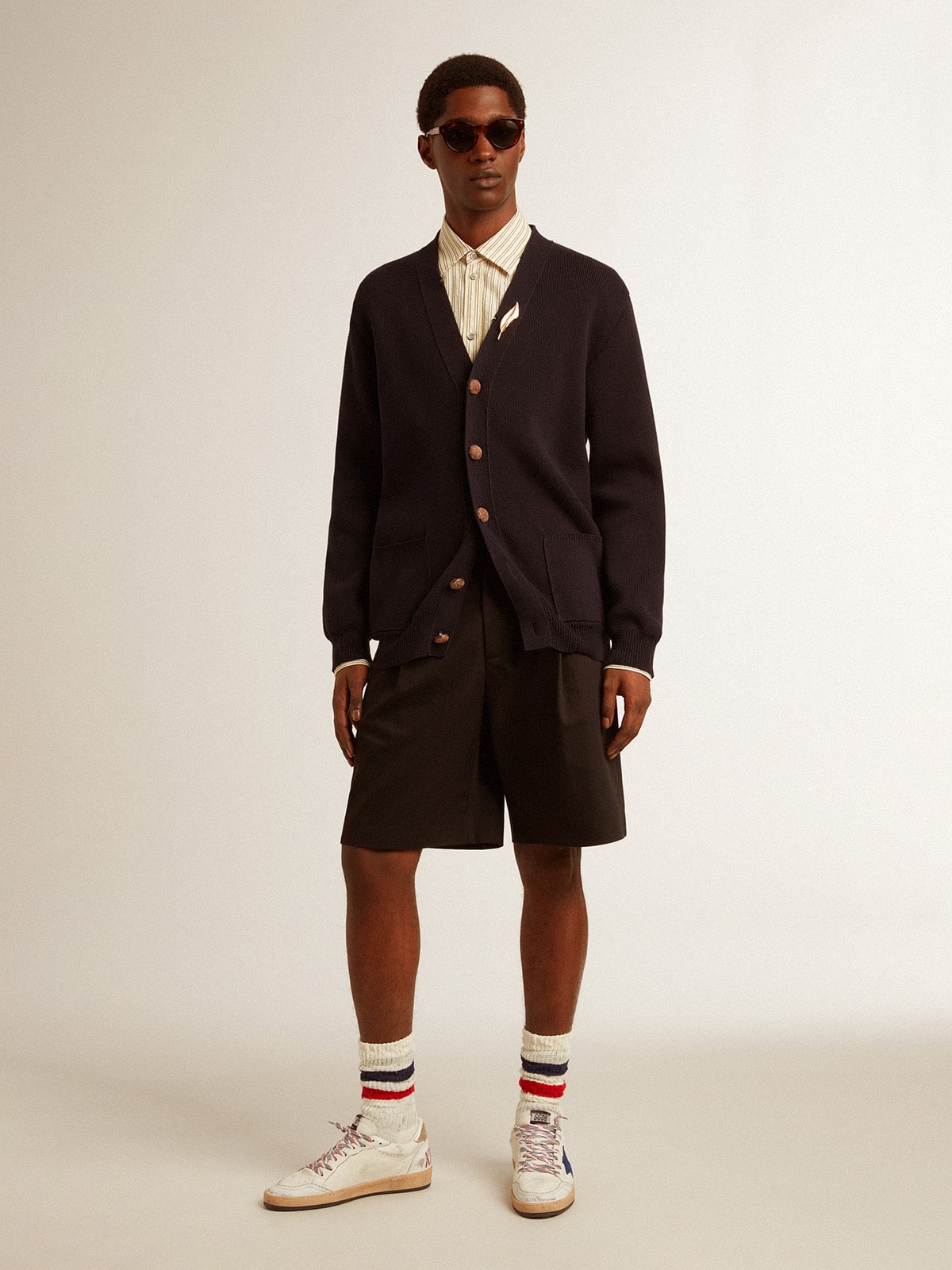 Golden Collection cardigan in dark blue cotton with a distressed finish - Golden Goose Men