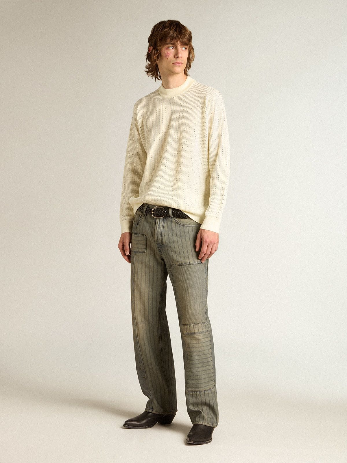 Men's crew-neck sweater in white merino wool with all-over crystals - Golden Goose Men