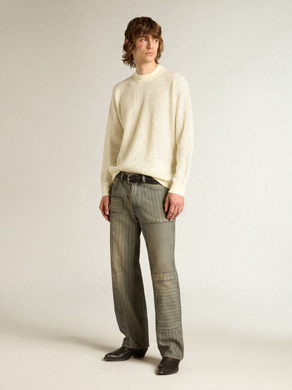 Men's crew-neck sweater in white merino wool with all-over crystals - Golden Goose Men