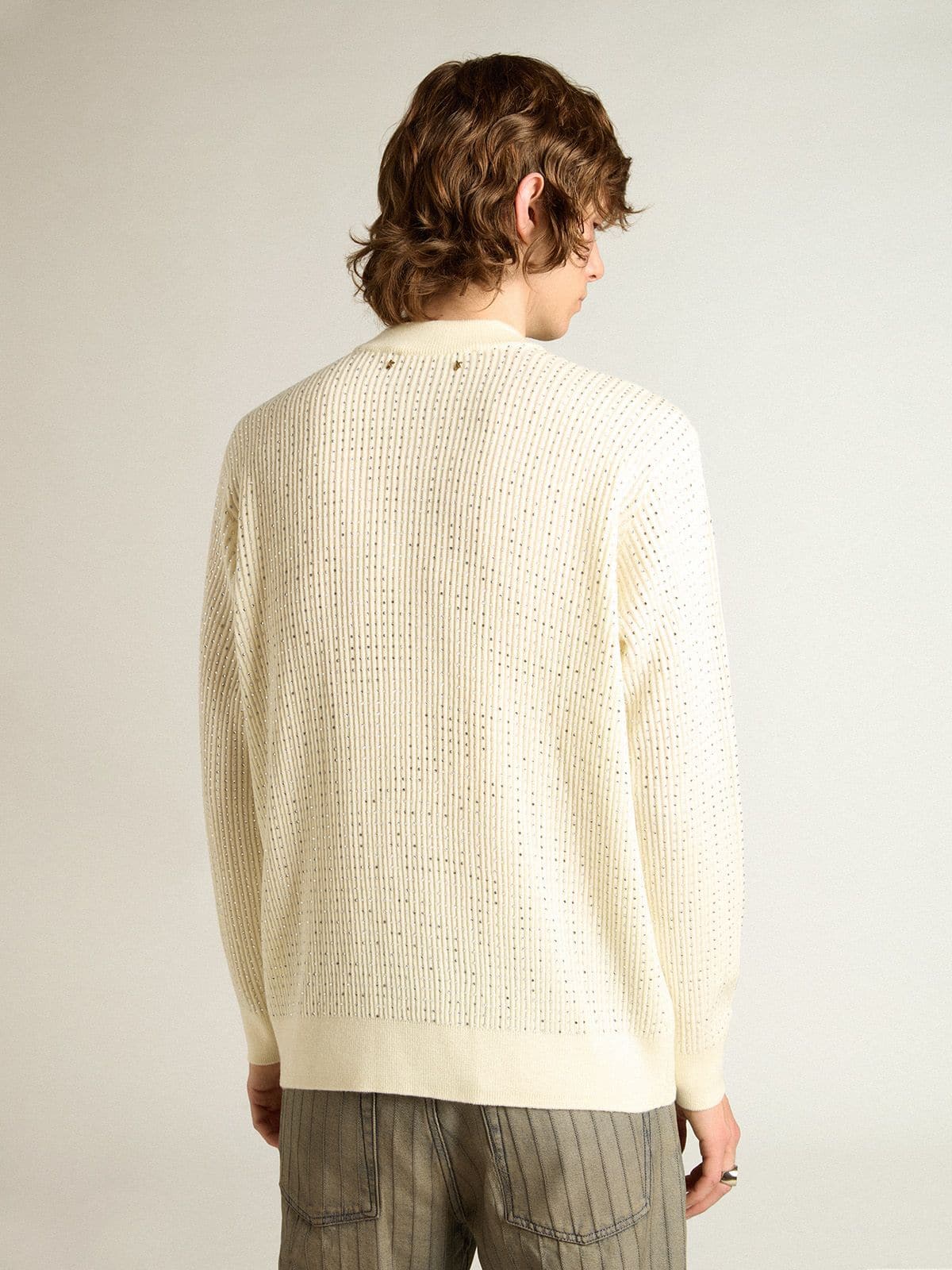 Men's crew-neck sweater in white merino wool with all-over crystals - Golden Goose Men