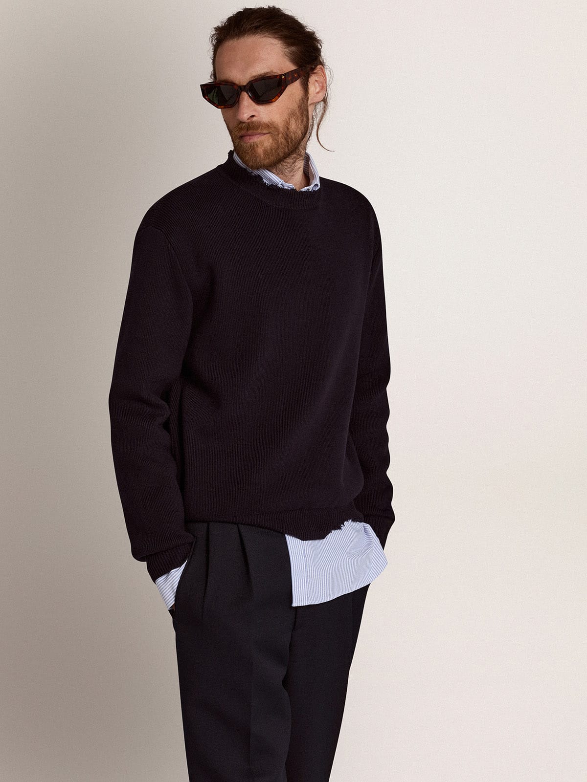 Men’s round-neck sweater in dark blue cotton - Golden Goose Men
