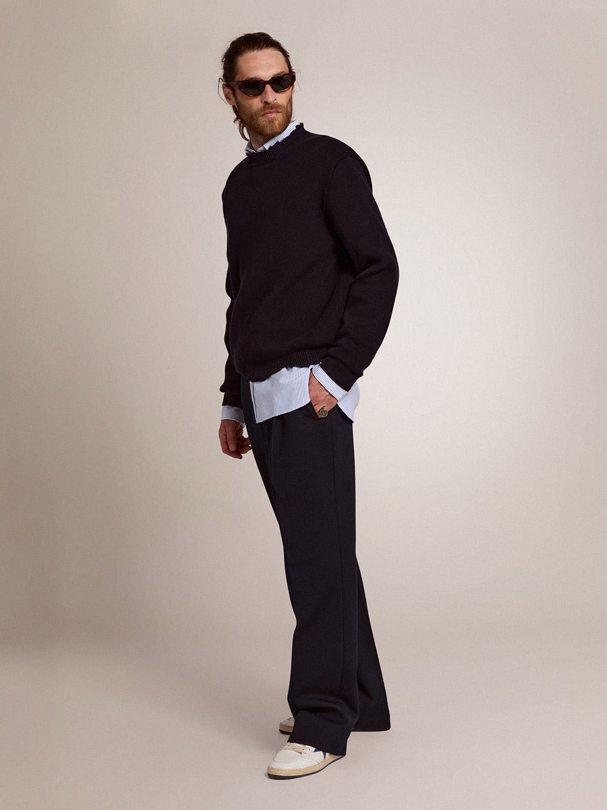 Men’s round-neck sweater in dark blue cotton - Golden Goose Men