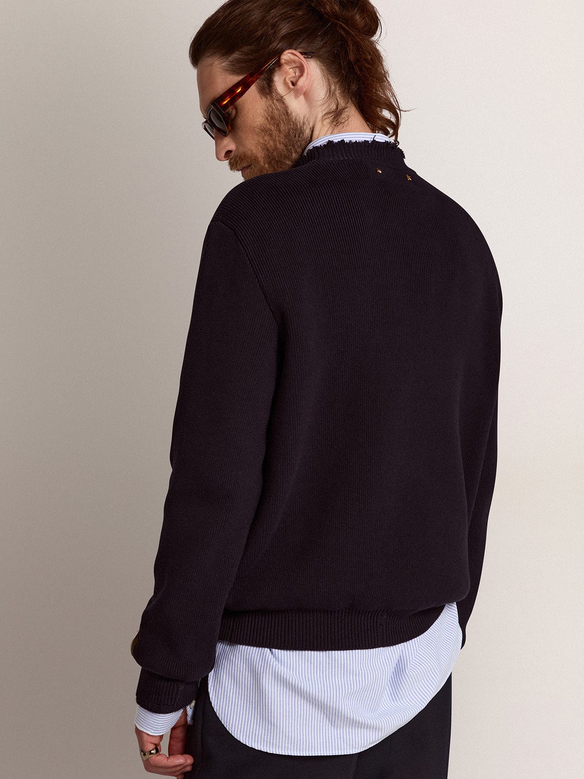 Men’s round-neck sweater in dark blue cotton - Golden Goose Men