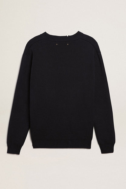 Men’s round-neck sweater in dark blue cotton - Golden Goose Men