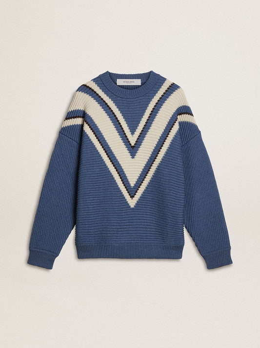 Men's light blue jacquard wool sweater with cream-colored pattern - Golden Goose Men