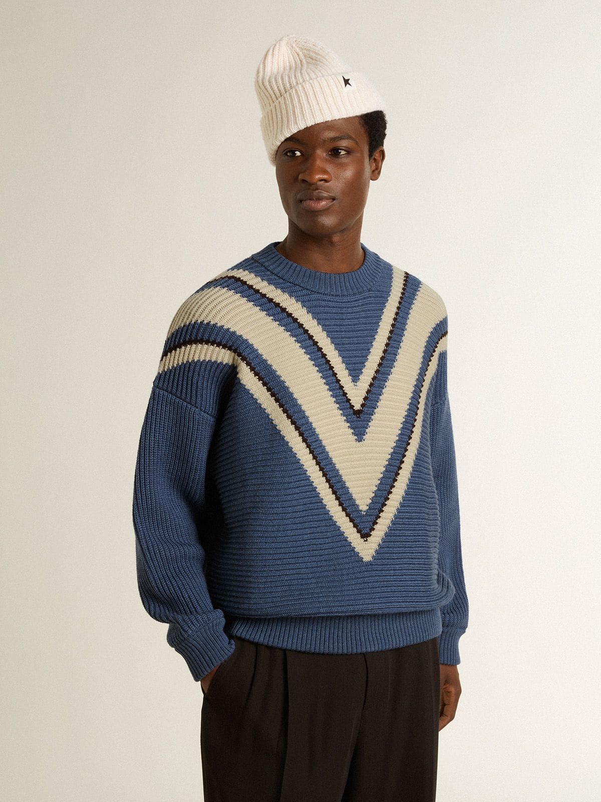Men's light blue jacquard wool sweater with cream-colored pattern - Golden Goose Men