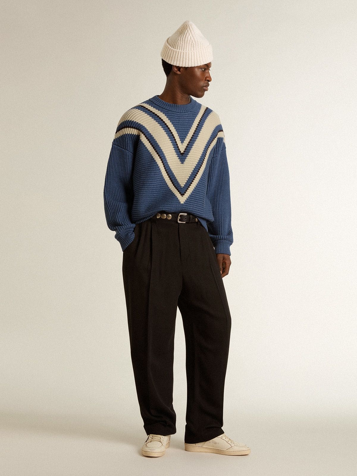 Men's light blue jacquard wool sweater with cream-colored pattern - Golden Goose Men