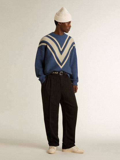 Men's light blue jacquard wool sweater with cream-colored pattern - Golden Goose Men
