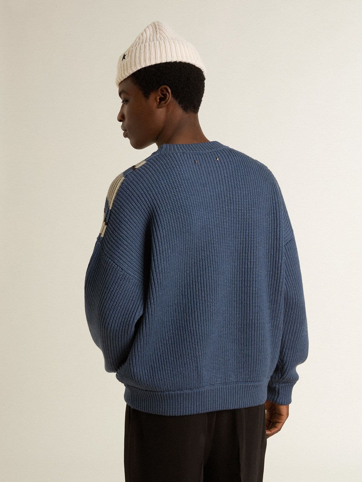 Men's light blue jacquard wool sweater with cream-colored pattern - Golden Goose Men