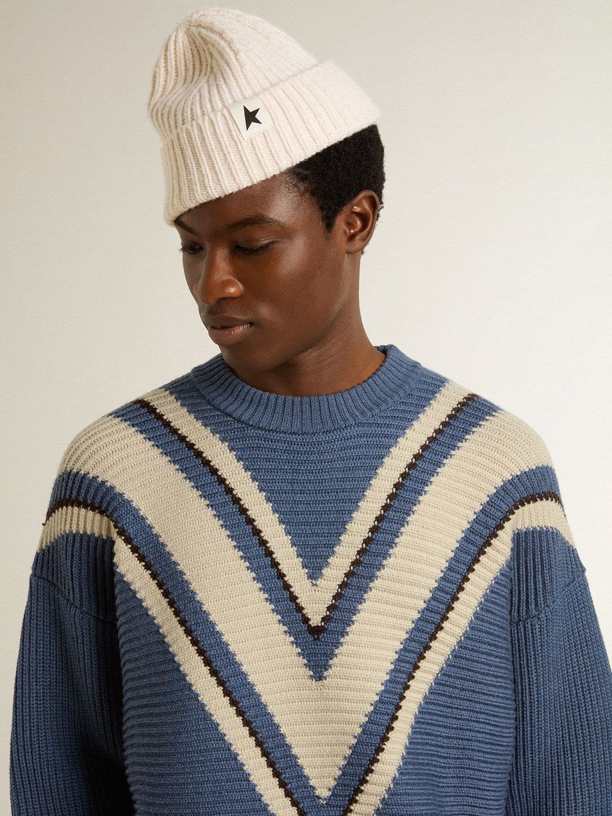 Men's light blue jacquard wool sweater with cream-colored pattern - Golden Goose Men