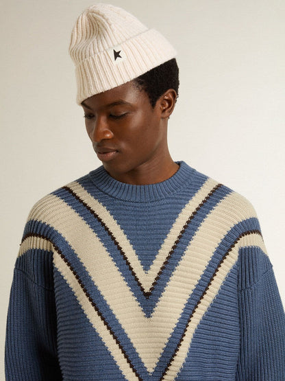 Men's light blue jacquard wool sweater with cream-colored pattern - Golden Goose Men