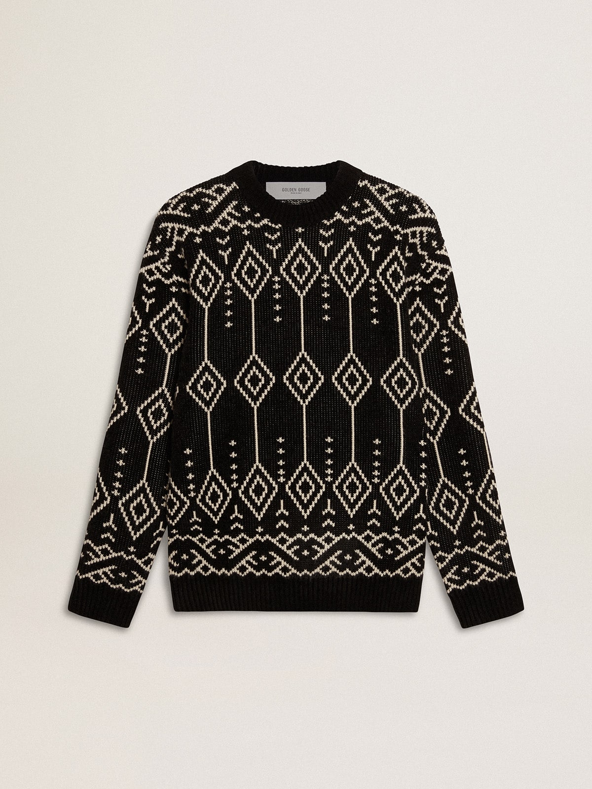 Men’s crew neck wool blend sweater with jacquard argyle design - Golden Goose Men