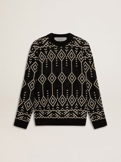 Men’s crew neck wool blend sweater with jacquard argyle design - Golden Goose Men