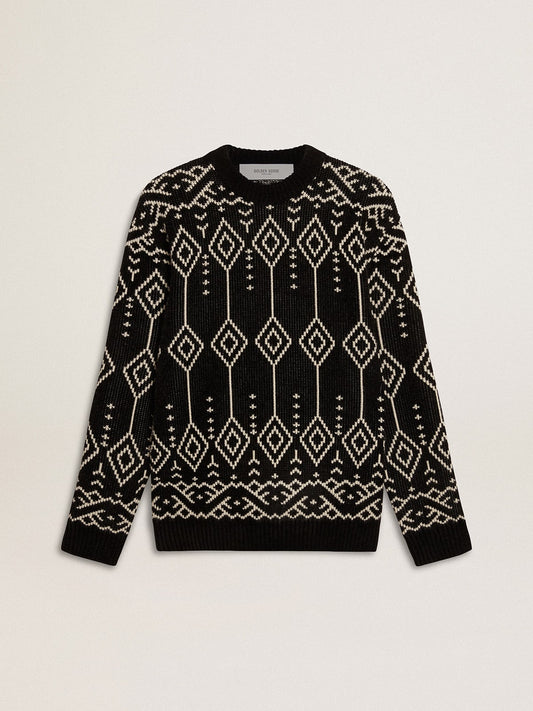 Men’s crew neck wool blend sweater with jacquard argyle design - Golden Goose Men