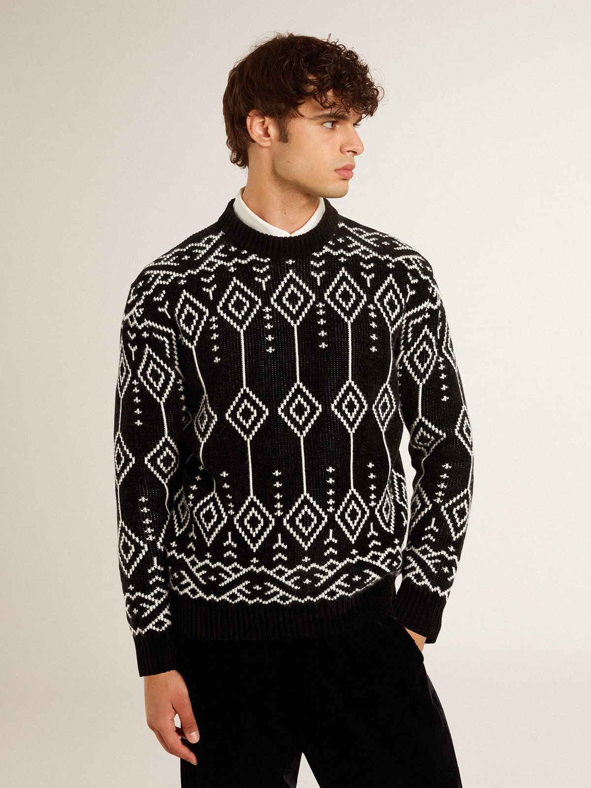 Men’s crew neck wool blend sweater with jacquard argyle design - Golden Goose Men