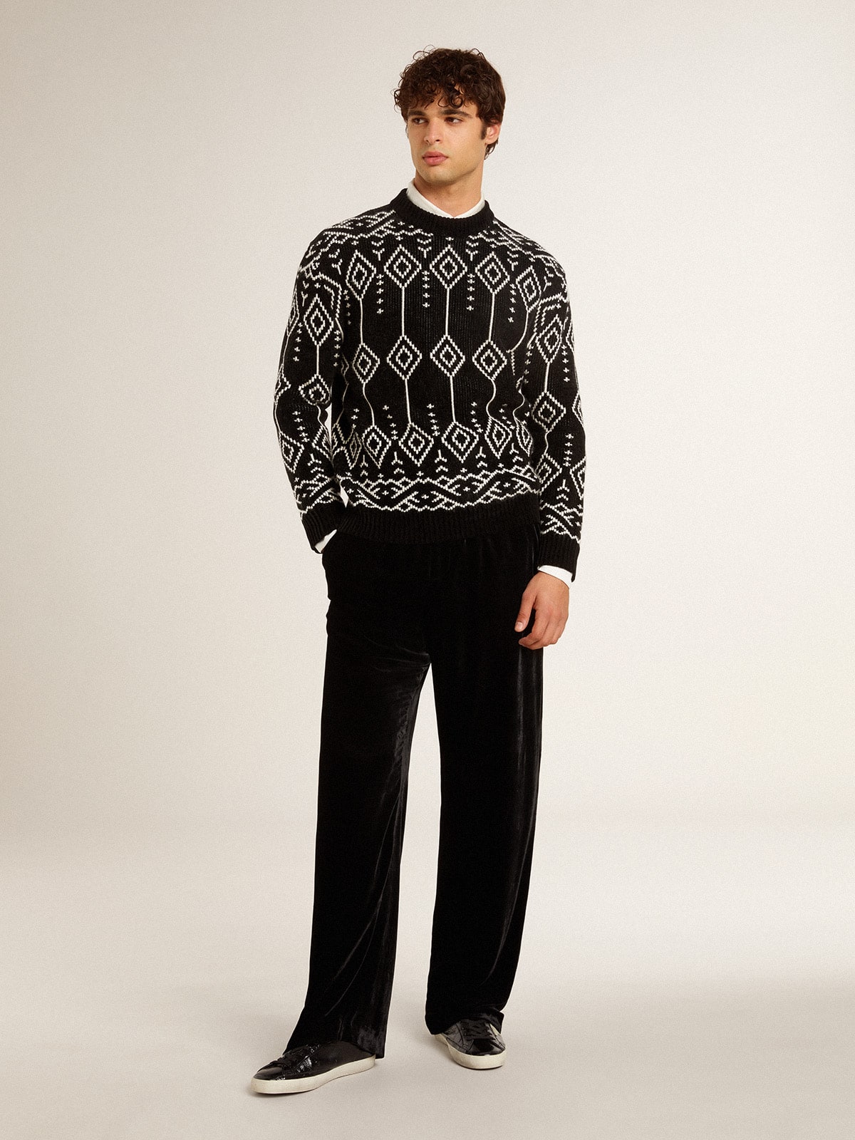 Men’s crew neck wool blend sweater with jacquard argyle design - Golden Goose Men
