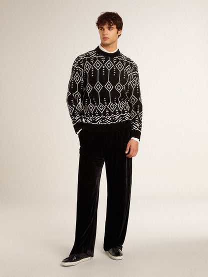Men’s crew neck wool blend sweater with jacquard argyle design - Golden Goose Men