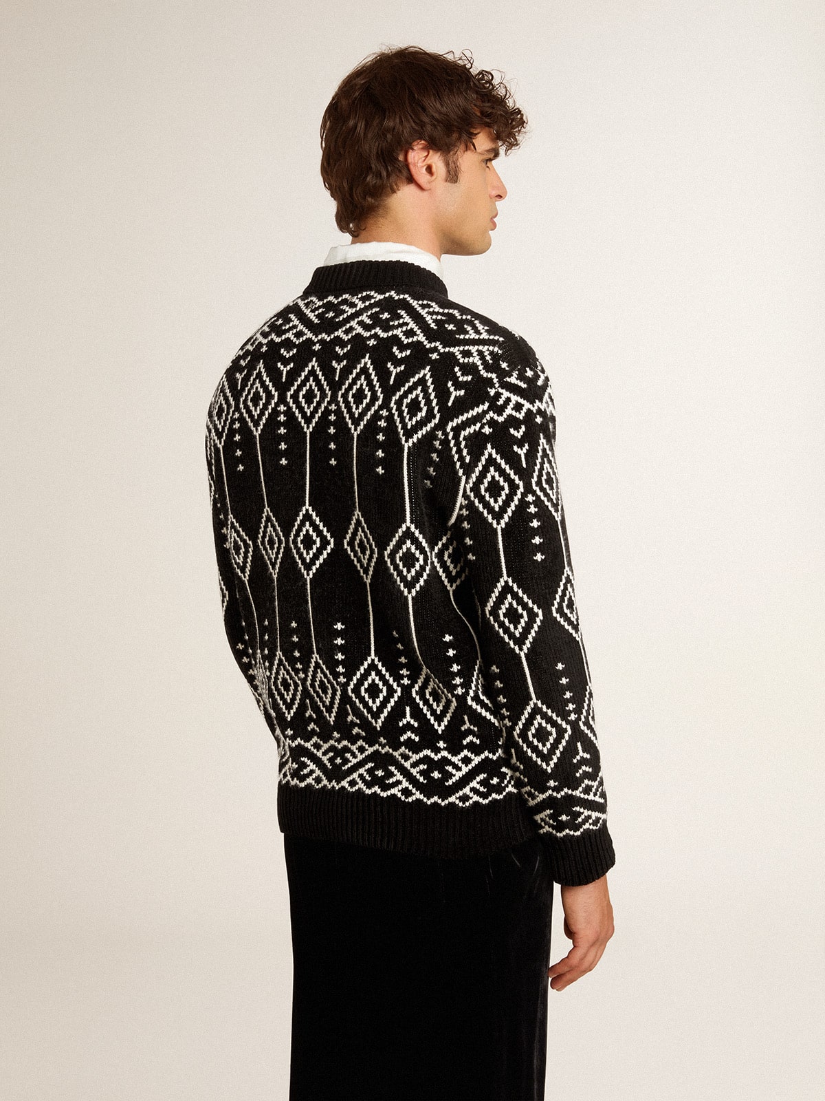 Men’s crew neck wool blend sweater with jacquard argyle design - Golden Goose Men