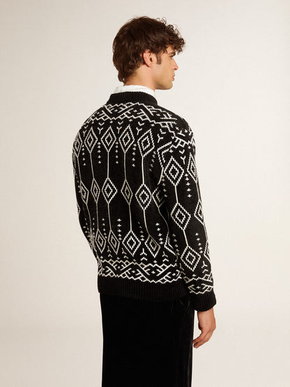 Men’s crew neck wool blend sweater with jacquard argyle design - Golden Goose Men