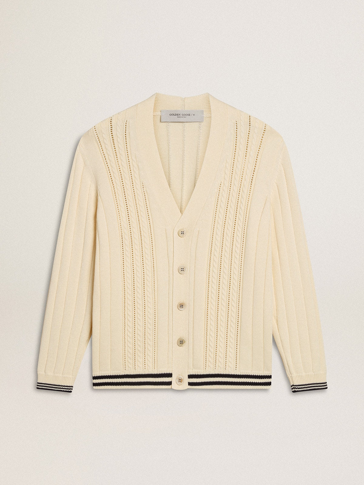 Men's white cotton cardigan with a cable pattern and blue ribbing - Golden Goose Men