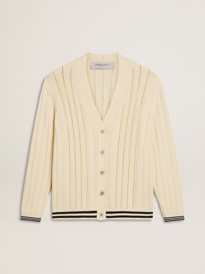 Men's white cotton cardigan with a cable pattern and blue ribbing - Golden Goose Men