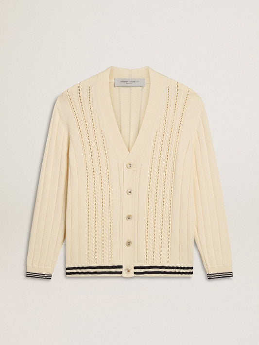 Men's white cotton cardigan with a cable pattern and blue ribbing - Golden Goose Men
