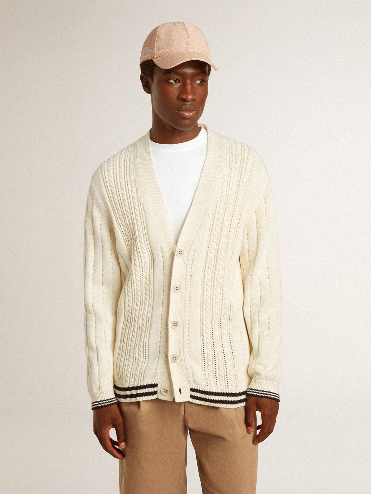Men's white cotton cardigan with a cable pattern and blue ribbing - Golden Goose Men
